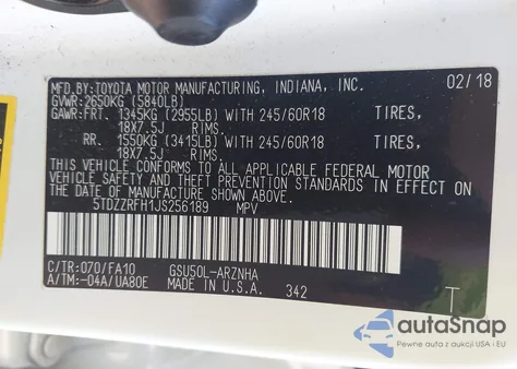 2018 Toyota Highlander Le Plus из США, поврежденный, VIN 5TDZZRFH1JS256189